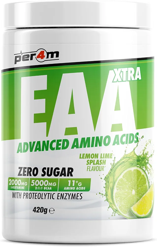 Per4m EAA Xtra/Amino Xtra | 30 وعده EAA با طیف کامل به همراه آنزیم‌های پروتئولیتیک | مناسب برای گیاهخواران | آمینو اسید بدون قند (420 گرم، طعم لیمو و لیموترش)
