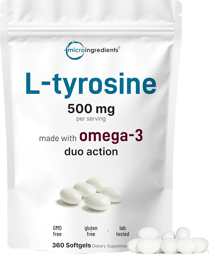) مکمل تیروزین L 500 میلی‌گرم با امگا 3، 360 سافت‌ژل | اسیدهای آمینه Duo Action + امگا از روغن بذر کتان 1000 میلی‌گرم با ALA | پشتیبانی از قلب و خلق و خو | مکمل‌های مغز برای حافظه و تمرکز | غیر GMO